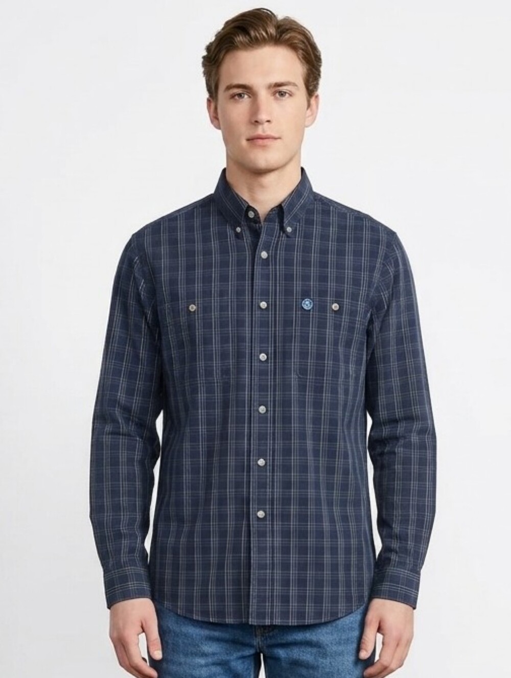 Wrangler George Strait Cowboy Cut Navy Plaid Western Shirt Mens Size L*